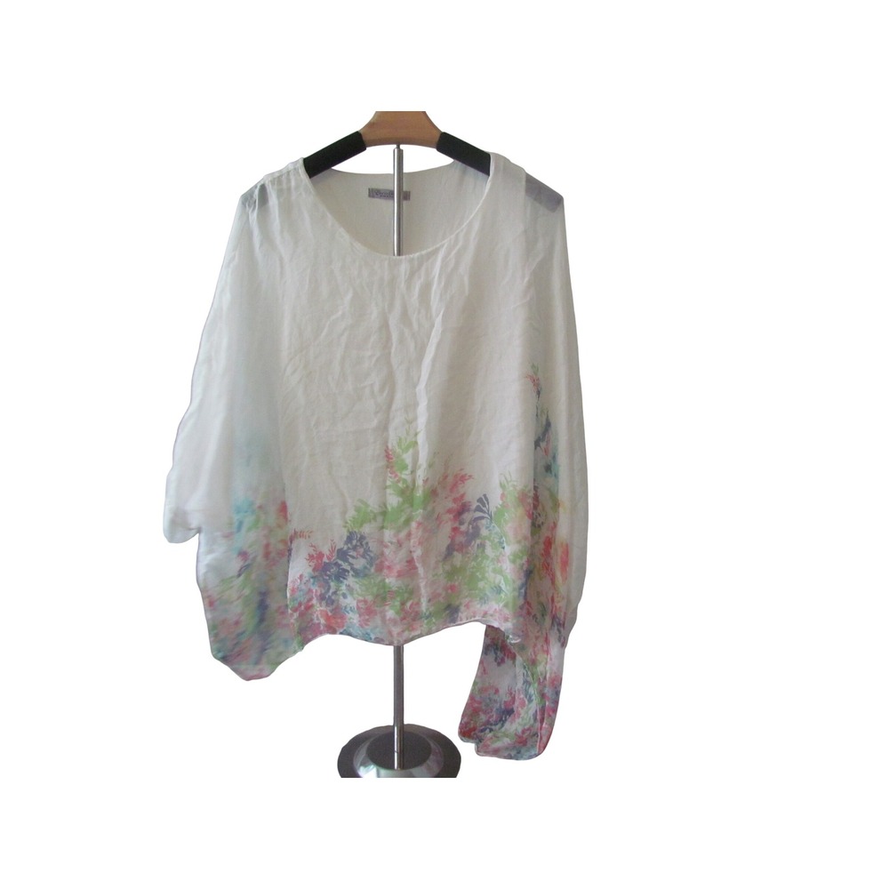 Elena Baldi Poncho Top L White Floral Silk Lagenlook Italian Blouse